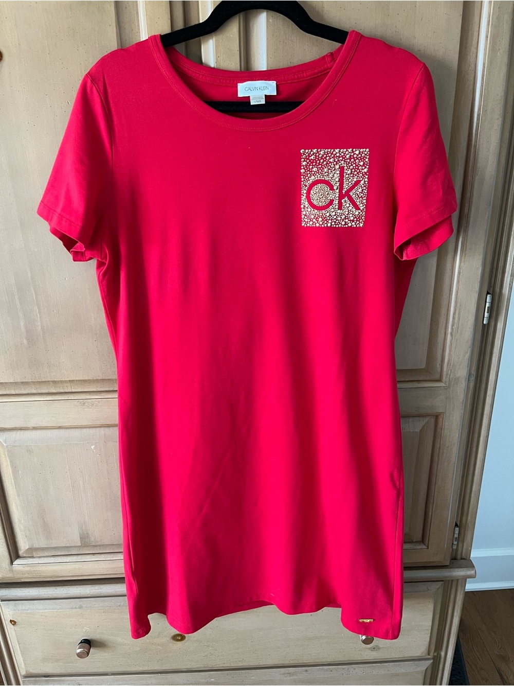 Calvin Klein Bright Red Tee Dress with gold Sparkle 'ck' Patch